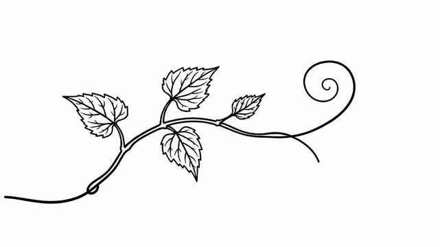 A delicate, hand-drawn line sketch depicts a graceful vine with a series of textured, veined leaves reaching outwards and culminating in a perfect, unfurling spiral, evoking natural growth