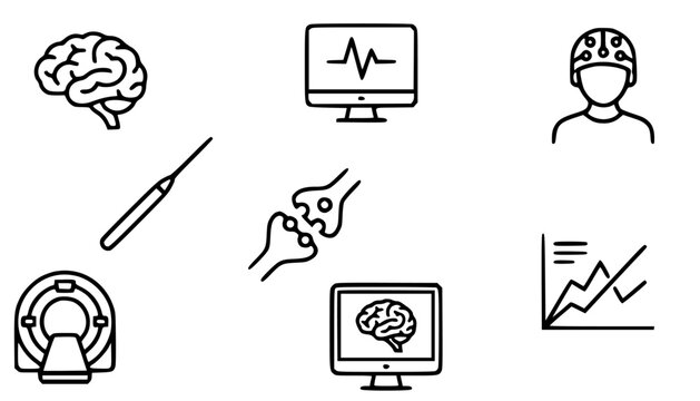Neuroscience research tools: brain diagram, neuron cell, EEG headset, MRI scanner, synapse connection, lab computer analysis, electrode probe, brain scan monitor