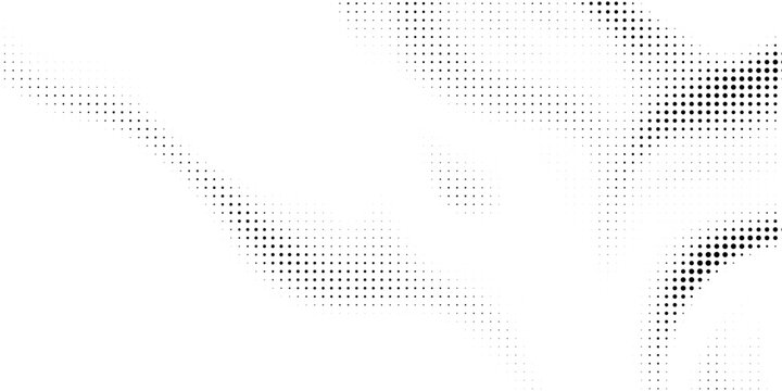 Abstract gradient halftone wave dotted textured pattern. Black grunge speckle on white background overlay. Retro comic pop art backdrop with halftone dots design