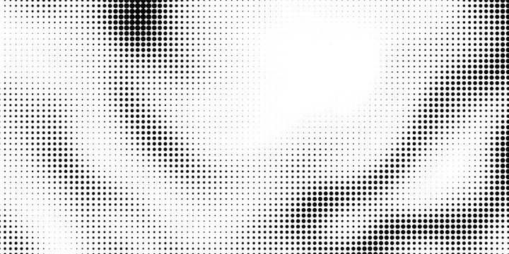 Abstract gradient halftone wave dotted textured pattern. Black grunge speckle on white background overlay. Retro comic pop art backdrop with halftone dots design