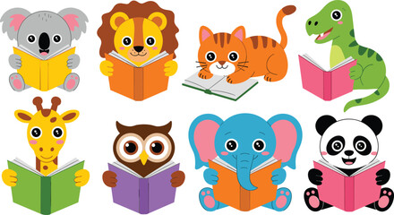 Fototapeta premium Cute Cartoon Animals Reading Books Character Set Featuring Koala Lion Cat Dinosaur Giraffe Owl Elephant and Panda Icons for Kids Education Designs