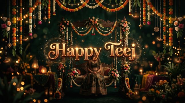 Festive teej celebration background with traditional swing and marigold flowers