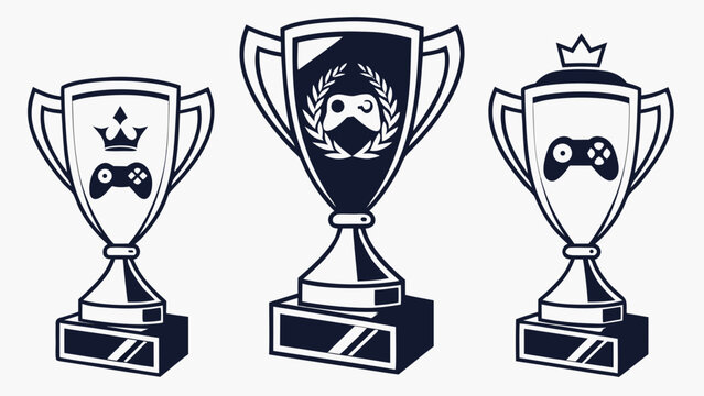 Three gaming trophies with controllers and crowns on top are awarded for a competition.