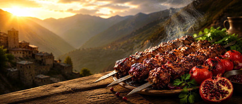 Grilled kebabs with tomatoes on wooden table in mountain landscape. Cinematic Azerbaijani Food Photography  