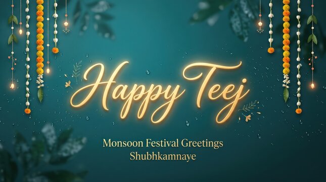 Happy teej festival greeting card with marigold flowers and monsoon rain theme