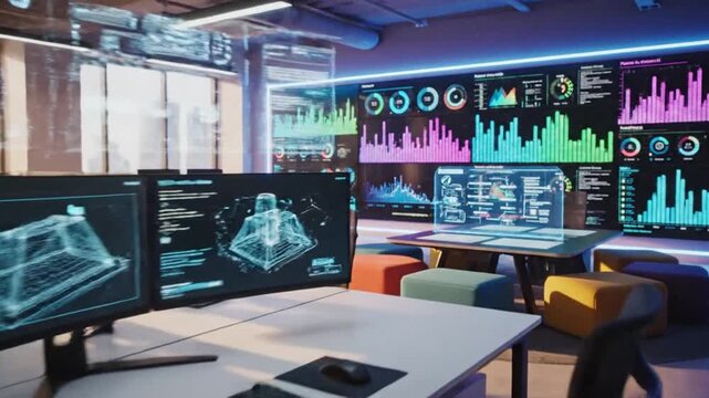 Data analyst workstation features advanced digital displays showing complex financial analytics and real-time market performance metrics in a modern corporate office environment with copy space.