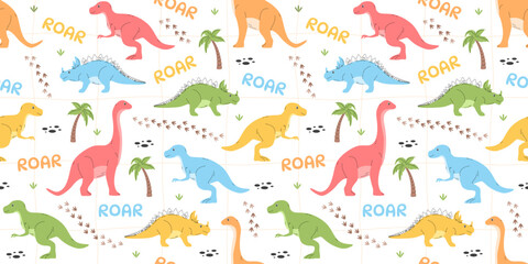 Seamless pattern with colorful dinosaurs, palm trees and roar text. Vector illustration © Julia Bilevych