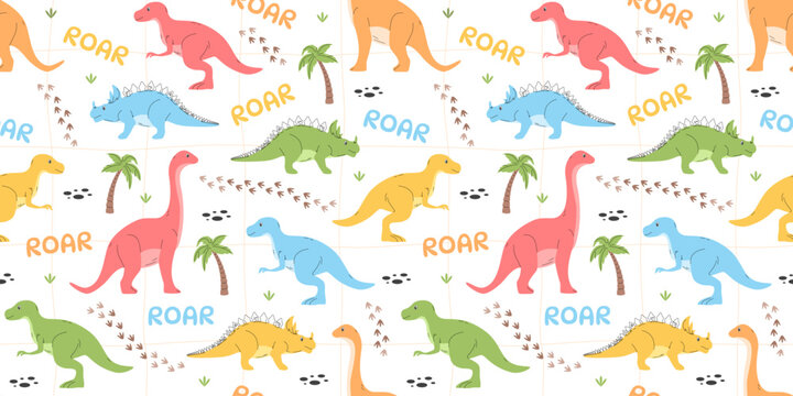 Seamless pattern with colorful dinosaurs, palm trees and roar text. Vector illustration
