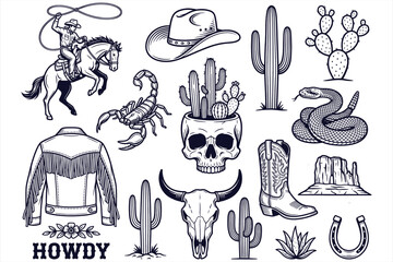 Vintage Western-themed blackandwhite illustration collection featuring cowboy cowboy hat scorpion cactus skulls boots desert motifs with dramatic linework © Vector Classic 
