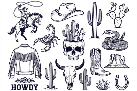 Vintage Western-themed blackandwhite illustration collection featuring cowboy cowboy hat scorpion cactus skulls boots desert motifs with dramatic linework
