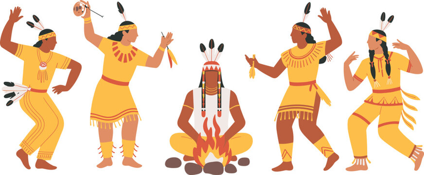 Native American Indigenous People Character Set Performing Traditional Ritual Dance Around Bonfire Campfire for Cultural Heritage Vector Graphic Designs