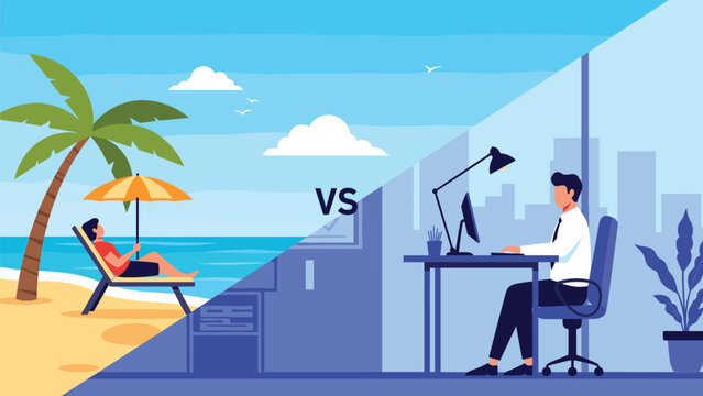 Comparison between a man relaxing on a tropical beach and a businessman working hard at his desk in a modern office.
