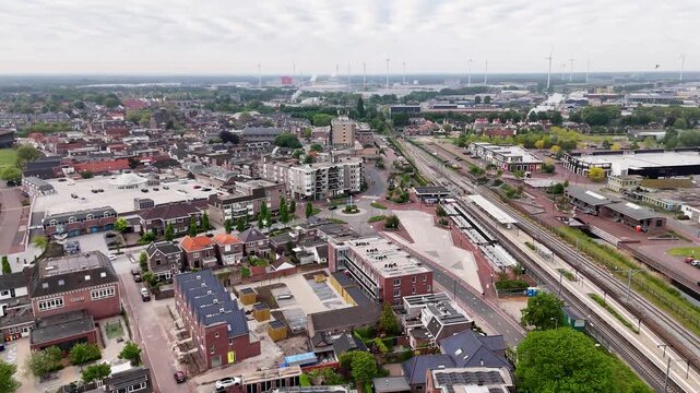 Aerial drone view over doetinchem railway station and city center