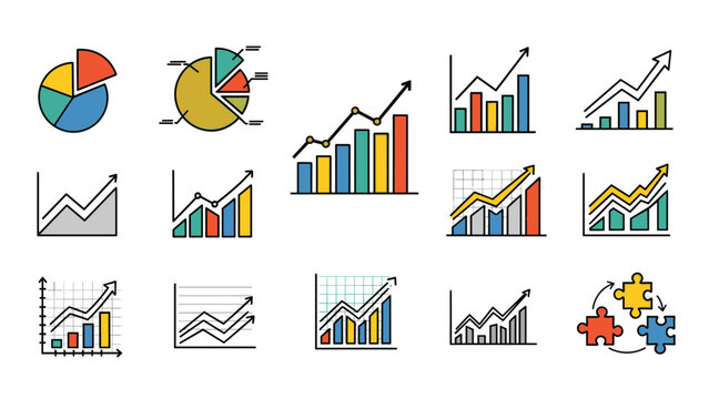 Collection of various business infographic elements including pie charts, line graphs, and bar charts in flat style.