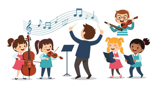 Diverse group of school children performing in a musical band and choir with instruments like violin and cello led by a conductor.