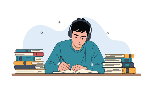 Young male student concentrating on his studies with headphones and large stacks of books on his desk, preparing for exams.
