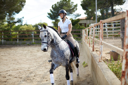 Woman riding a horse in sand arena