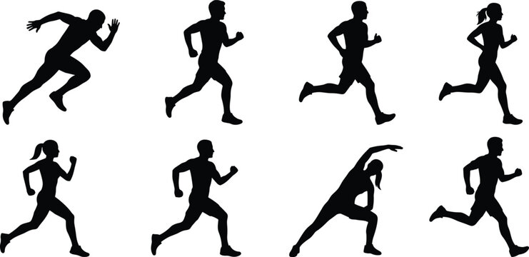 Silhouettes of runners and joggers in various poses on white background, black