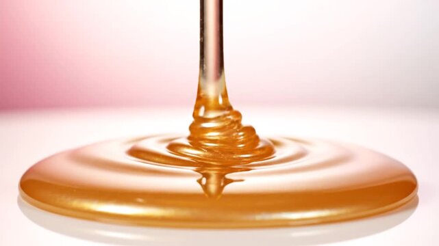 Honey syrup pours in a thick golden stream onto a clean surface to highlight the natural texture and viscosity of the sweet ingredient.