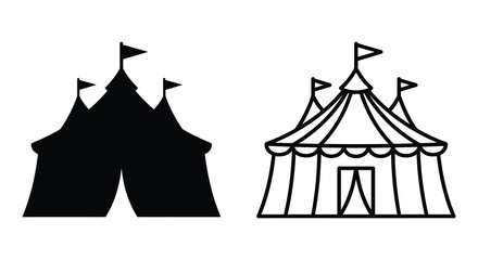 Circus tent silhouette with line art version on white background © adobeamena