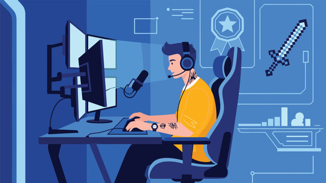 Professional gamer sitting in a dedicated gaming room equipped with multiple monitors, headset, and neon lights.
