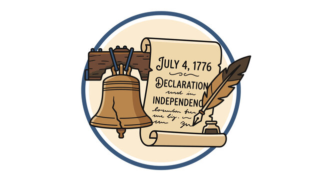Liberty Bell and Declaration of Independence scroll July 4th symbol patriotic illustration for American isolated on white background.