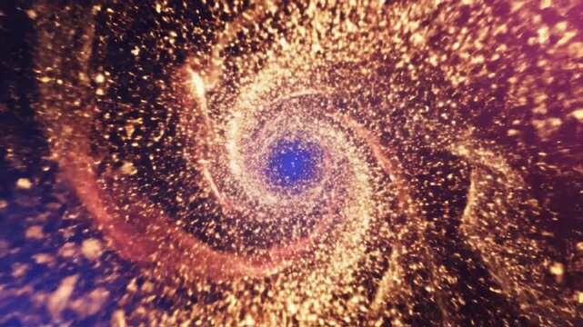 Golden particles exploding from bright glowing orb on dark background