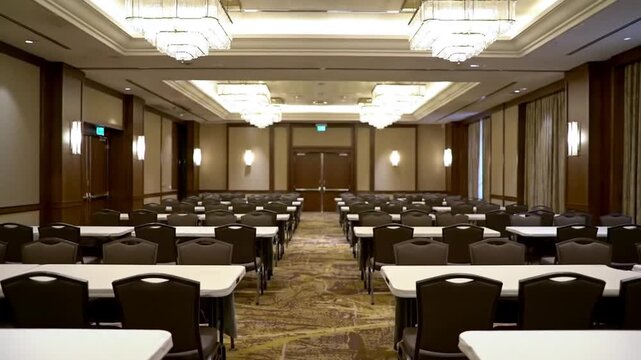 Conference room setup with rows of empty tables and chairs awaits a professional business meeting in a luxury hotel hall.