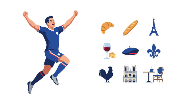 Flat vector illustration of a celebrating French soccer player in a blue kit alongside iconic symbols of France including the Eiffel Tower, croissant, baguette, and Notre Dame.