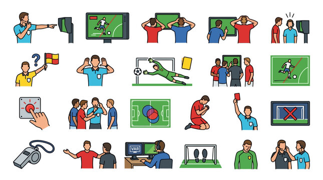 Flat vector icon set of soccer VAR video assistant referee system including match officials, offside technology, red card, whistle, goal line review, and players reacting on field.