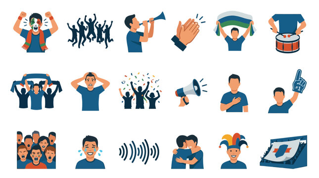 Flat vector icon collection of sports fans and stadium supporters featuring activities like cheering, drumming, waving flags, face painting, and emotional crowd reactions.