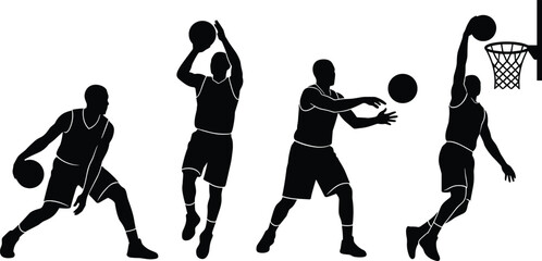 Black silhouettes of basketball players in various actions, against white background © Aysha