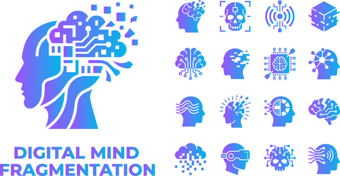 Digital mind fragmentation concepts featuring brain artificial intelligence and tech neural network graphics.
