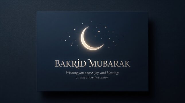 Bakrid mubarak greeting card with glowing crescent moon and stars