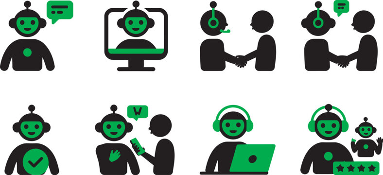  ai robot customer support silhouette icon set, automated chatbot assistant graphics for customer service platforms, help desk applications, digital communication systems, futuristic technology symbol