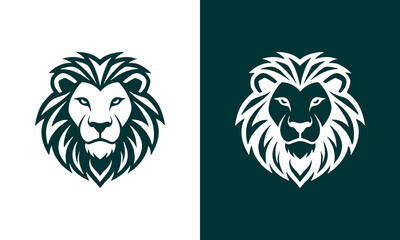 A striking pair of lion head illustrations featuring a detailed line art silhouette and a bold black-and-white graphic on a dark background, showcasing minimalist animal design. © dwi
