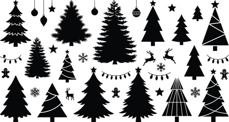 Black christmas tree silhouettes, ornaments, and decorations on white background, christmas trees black silhouettes © Aysha