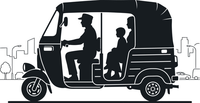 Auto rickshaw silhouette vector illustration with passengers in city background