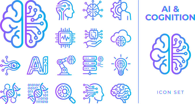 AI and cognition icons brain circuit chip robot eye lightbulb DNA abstract technology symbols.