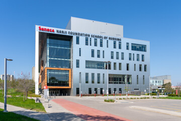 Fototapeta premium Toronto, Canada -May 18, 2026: Nanji Foundation School of Nursing building at Seneca Polytechnic Newnham Campus in Toronto, Canada, in 2026.