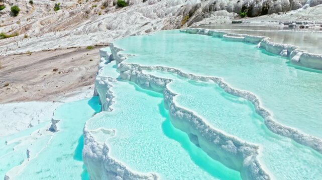 Aerial view of Travertines of Pamukkale, Turkey. Turquoise thermal pools surrounded by white limestone create a scenic natural landmark.