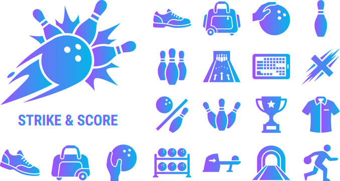 Bowling strike and score icons with gradient colors for sport and leisure.