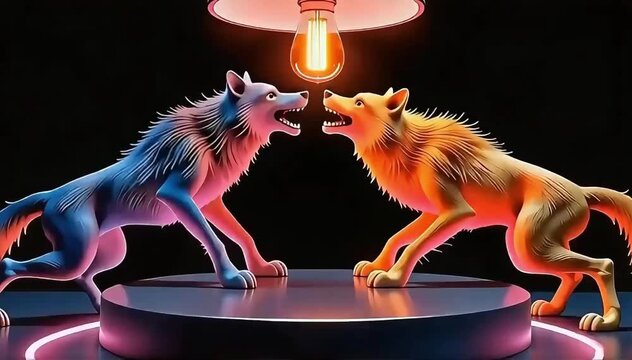 Two fierce wolves facing off in an aggressive standoff inside a glowing pink neon circle under a hanging Edison lamp on dark reflective surface.