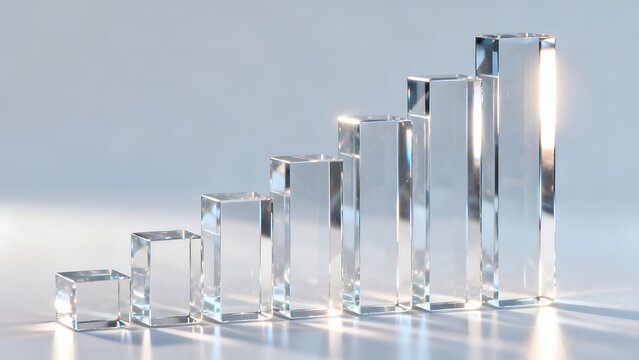 Perspective view of illuminated glass pillars creating a bar graph against soft lighting.