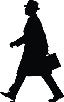Silhouette of a man walking, wearing a hat and coat, carrying a briefcase