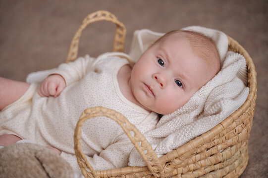 Adorable baby resting in woven basket with blanket
