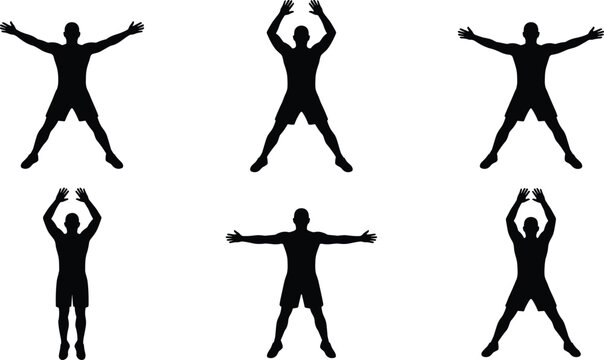 Six black silhouettes of a person in various dance or exercise poses on white background, dance poses