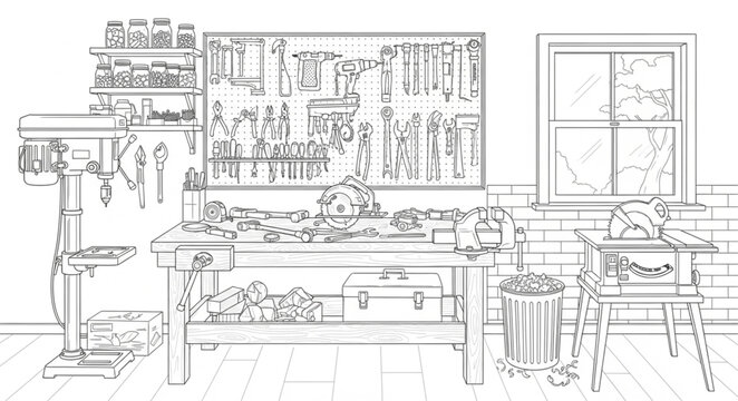 A cluttered workshop scene with a workbench, tools, and machinery inside a room.