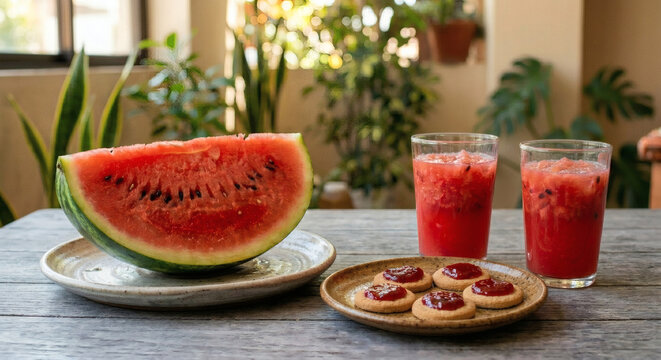 Fresh watermelon, a plate with two glasses of watermelon juice and cookies with strawberry jam on a rustic wooden table