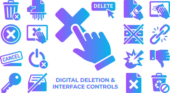 Digital deletion and interface control icons set with gradient blue and purple colors.